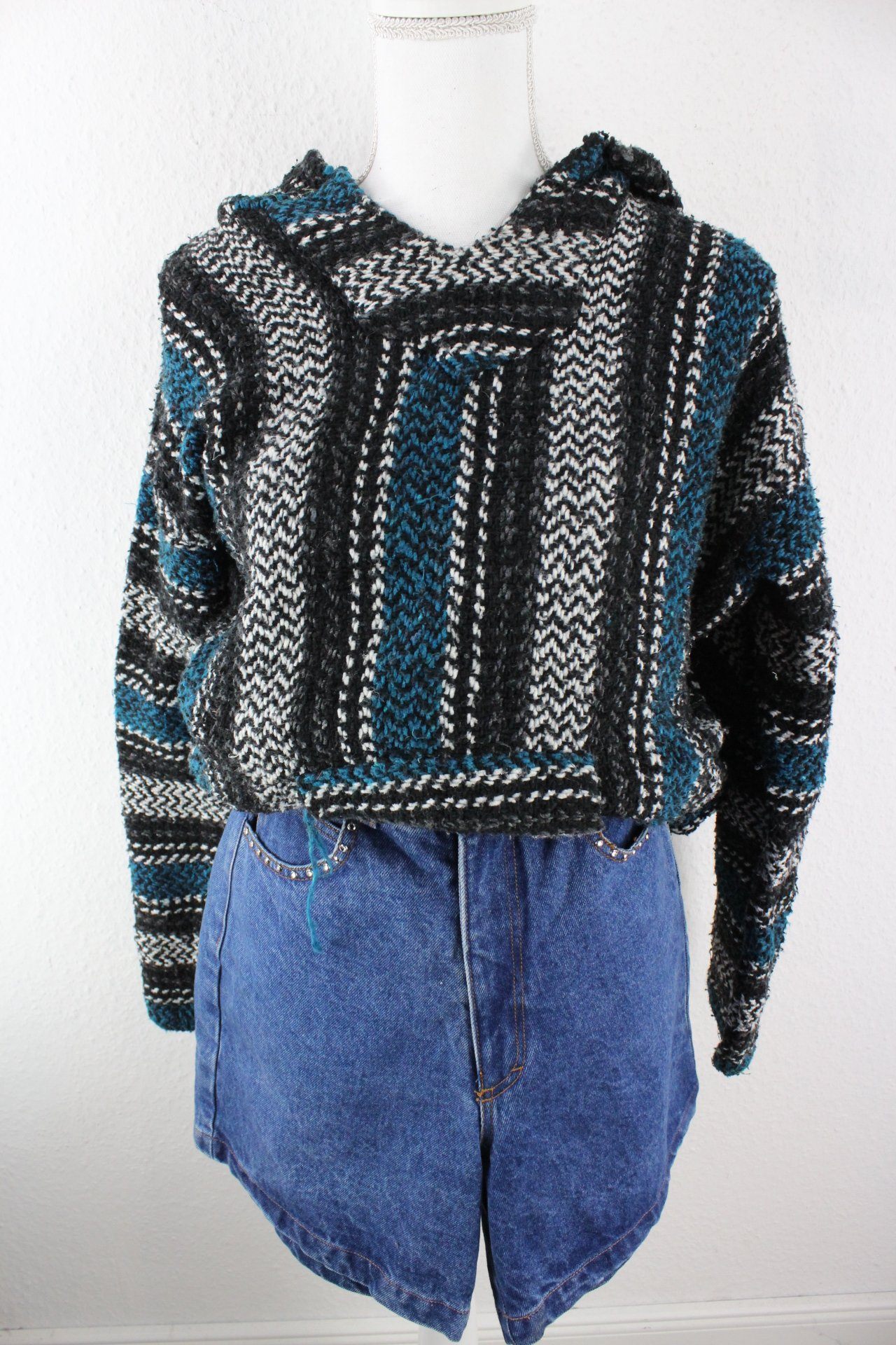 Vintage Blue Stripe Knit Hoodie (L) Vintage & Rags