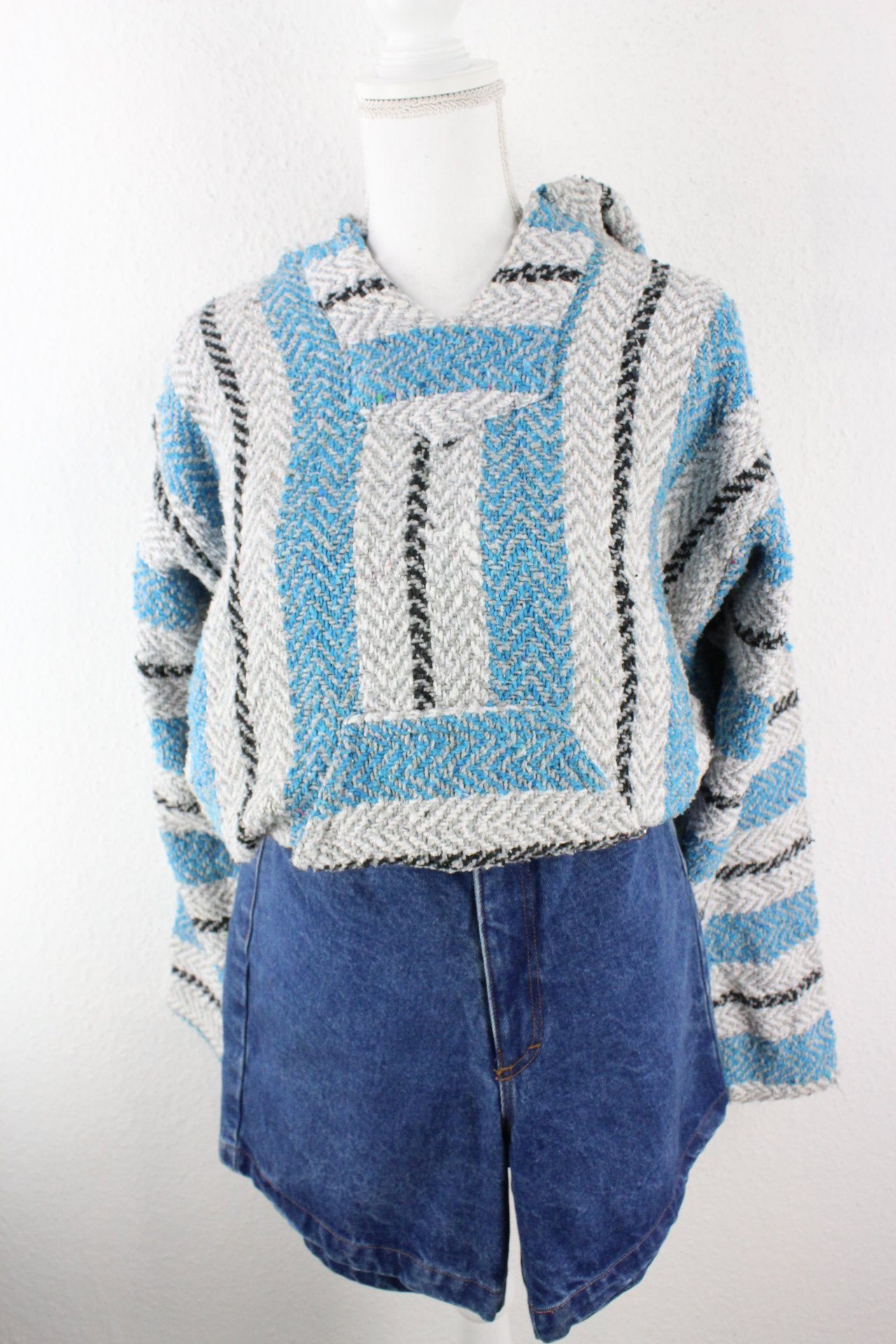 Vintage Blue Stripes Knit Hoodie (L) Vintage & Rags