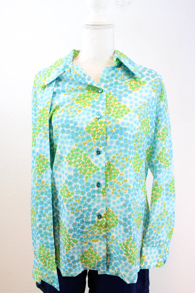 Vintage Blue Floral Blouse (M) - Vintage & Rags Online